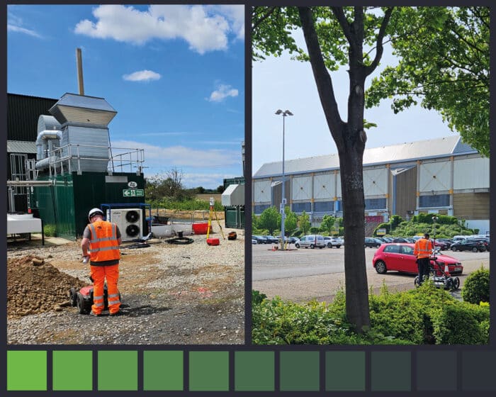 split image of underground utility survey mapping work, with one man working directly on ground and one man using equipment in a car park