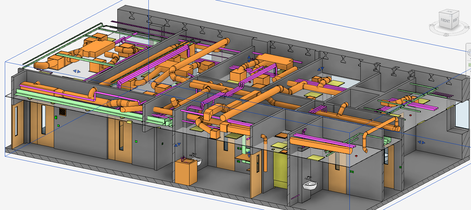 A Revit model highlighting below and above false ceiling MEP connectivity along with structural members of the building.